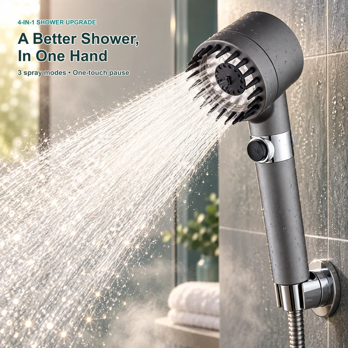 4-in-1 High-Pressure Shower Head hero with focused spray