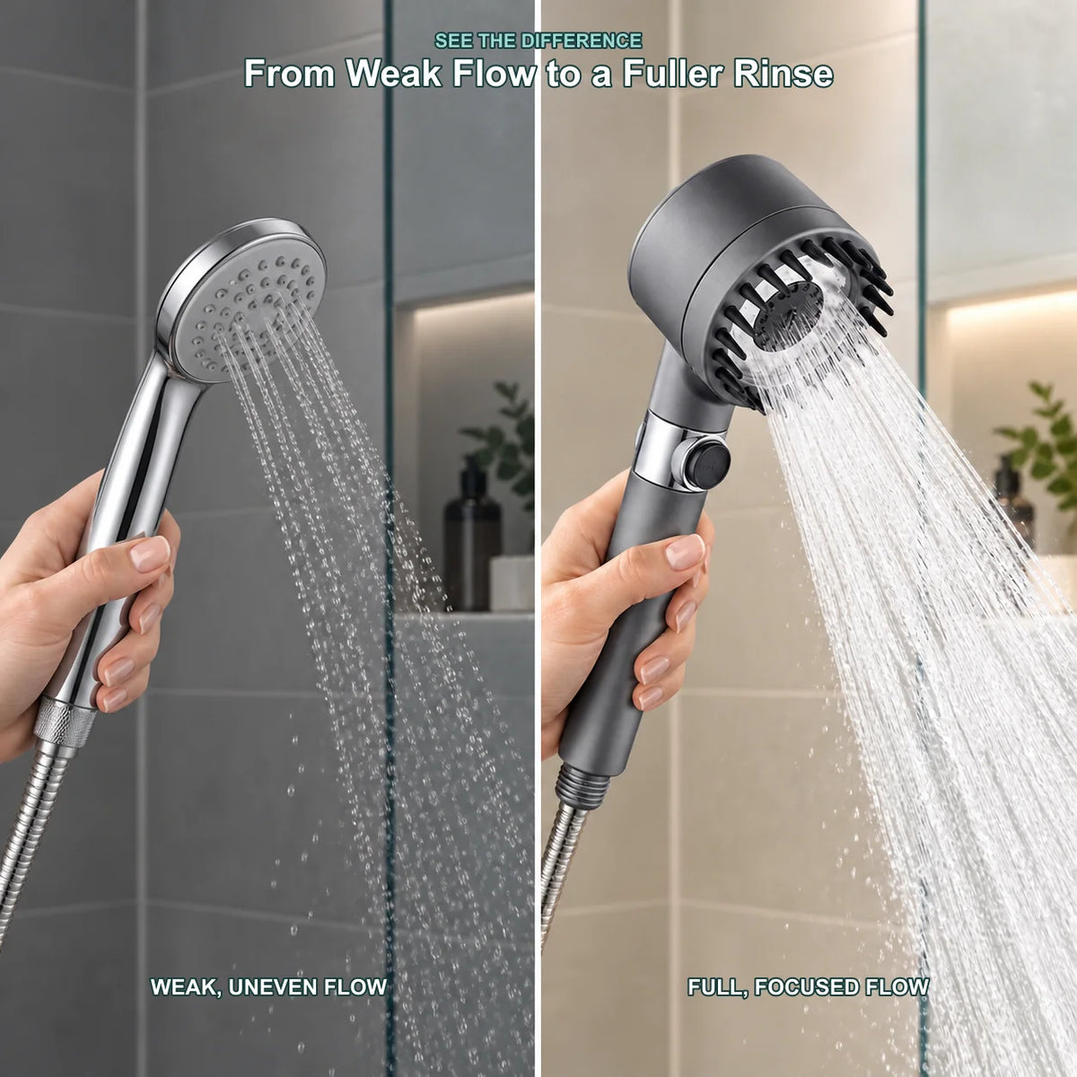 Weak flow and fuller rinse comparison with ordinary shower head