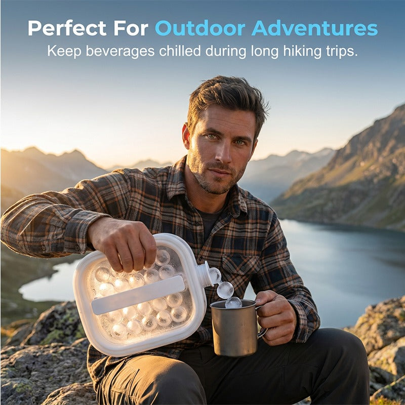 Pouring round ice through the top opening into a camping mug