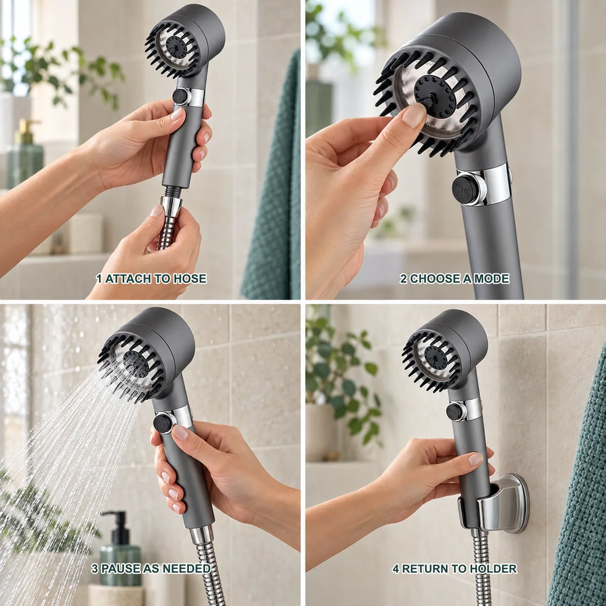 4-in-1 High-Pressure Shower Head: Four steps from start to finish.