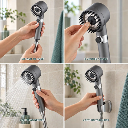 Four steps to attach, select, pause and store the shower head