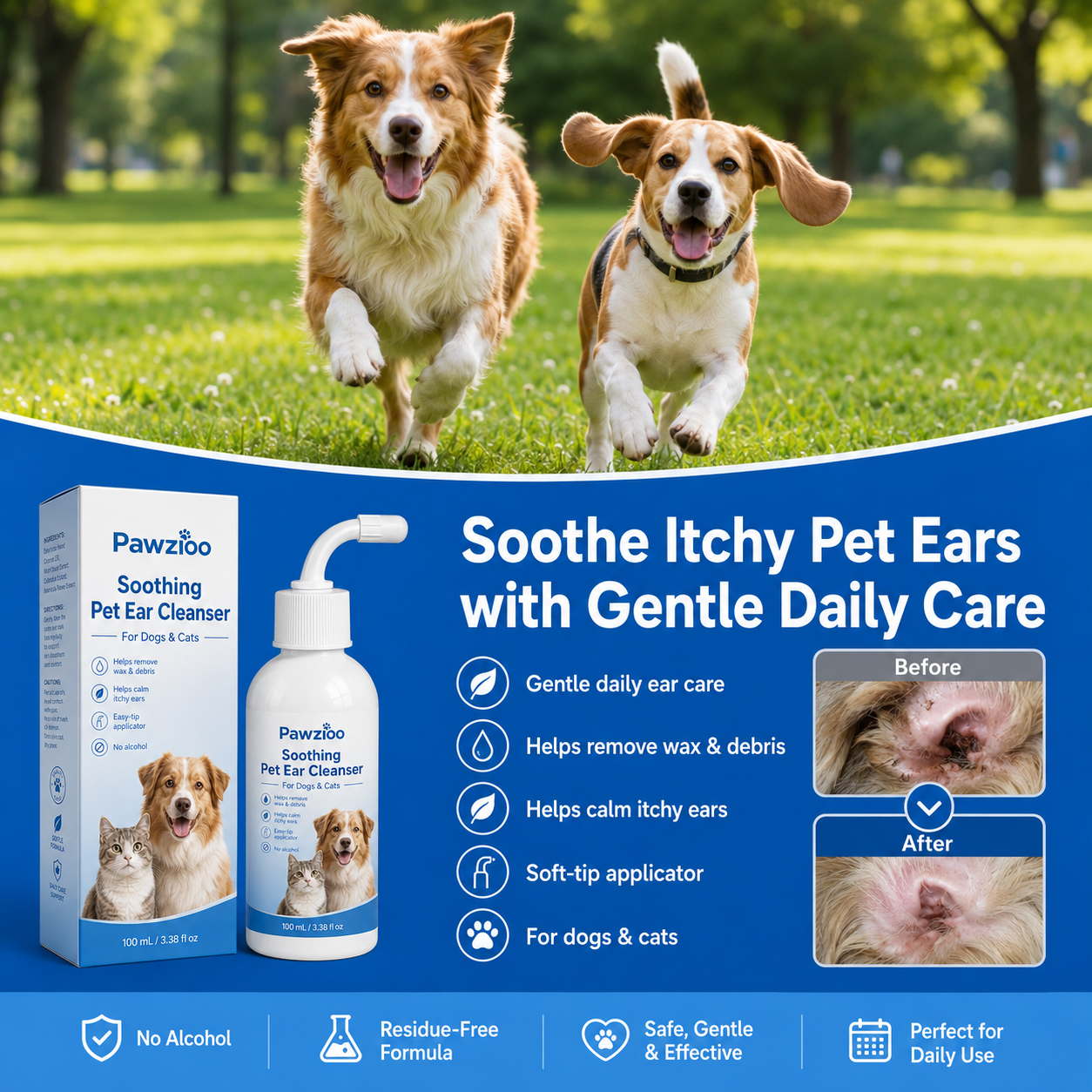 🐾 Pawzioo Soothing Pet Ear Cleanser – Gentle Wax, Odor & Itchy Ear Care for Dogs & Cats 💙