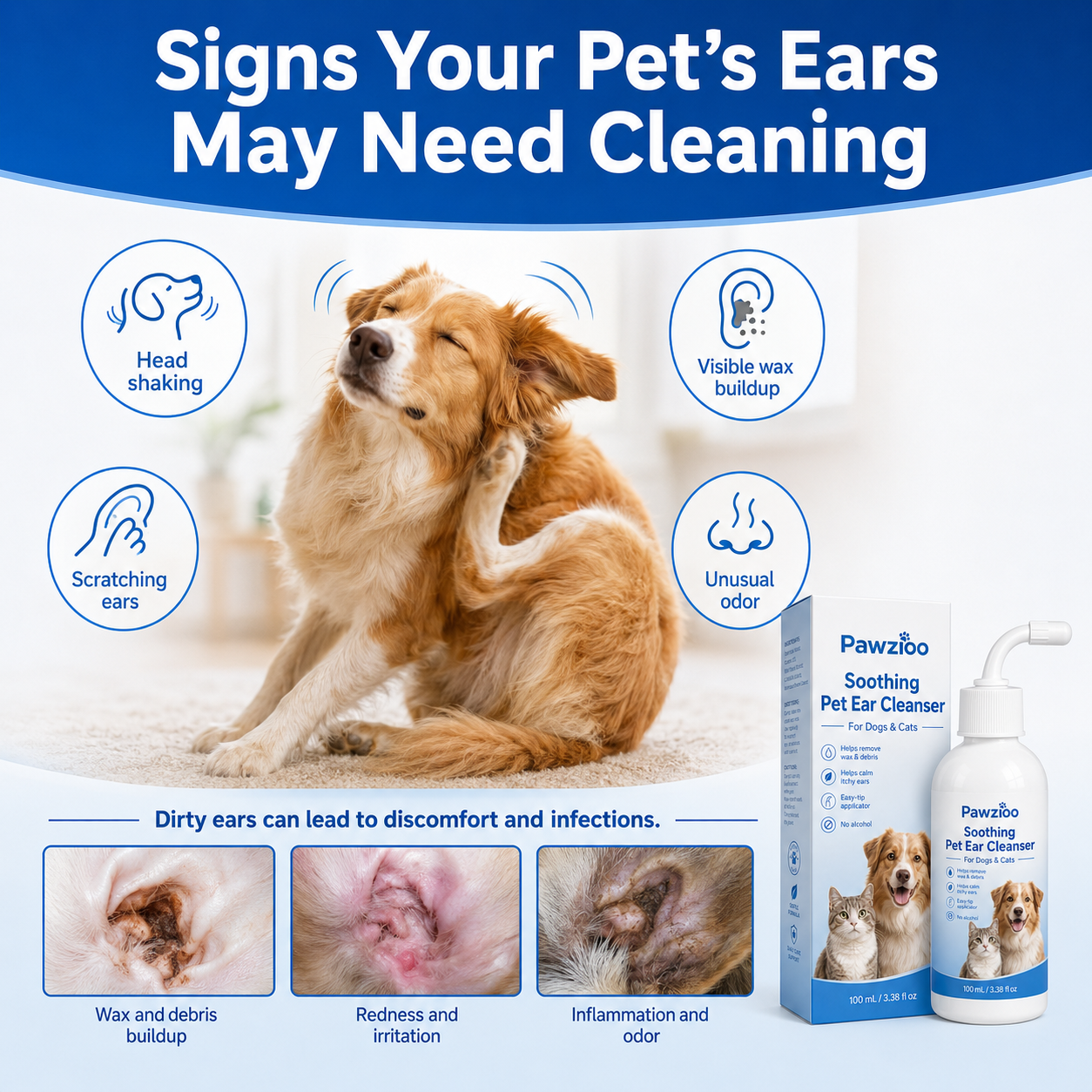 🐾 Pawzioo Soothing Pet Ear Cleanser – Gentle Wax, Odor & Itchy Ear Care for Dogs & Cats 💙