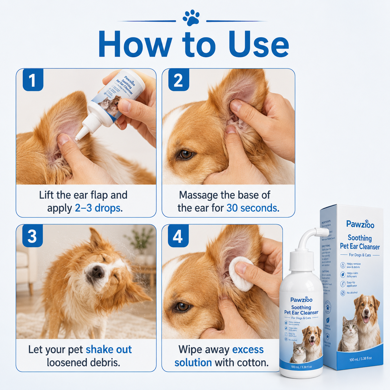 🐾 Pawzioo Soothing Pet Ear Cleanser – Gentle Wax, Odor & Itchy Ear Care for Dogs & Cats 💙